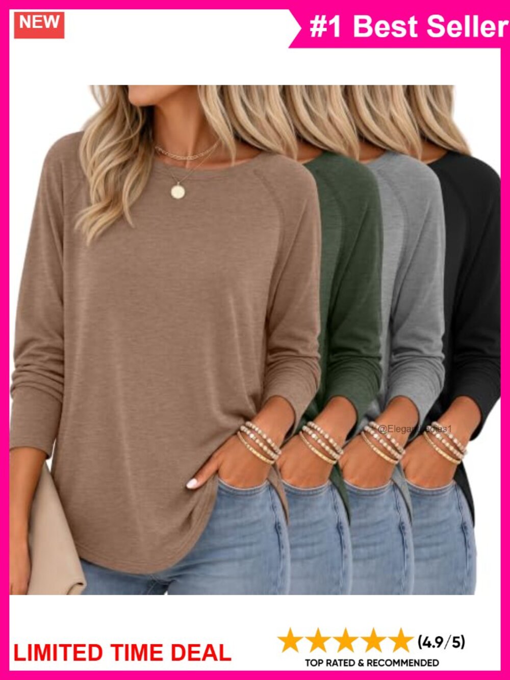 Women's Raglan Long Sleeve Tunic Tops Crew Neck Curved Hem 4 Pack